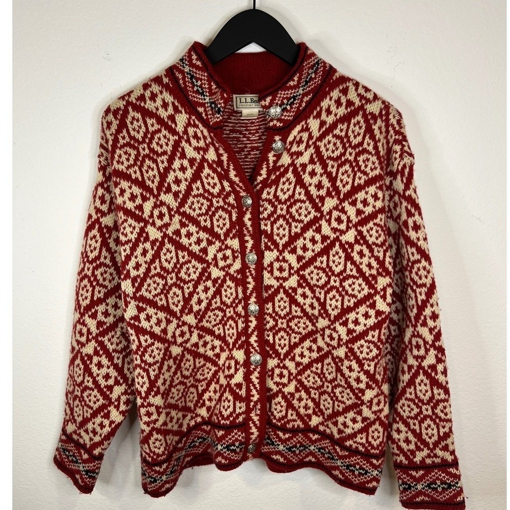 LL Bean Womens Cardigan Sweater Fair Isle Wool Blend Red S